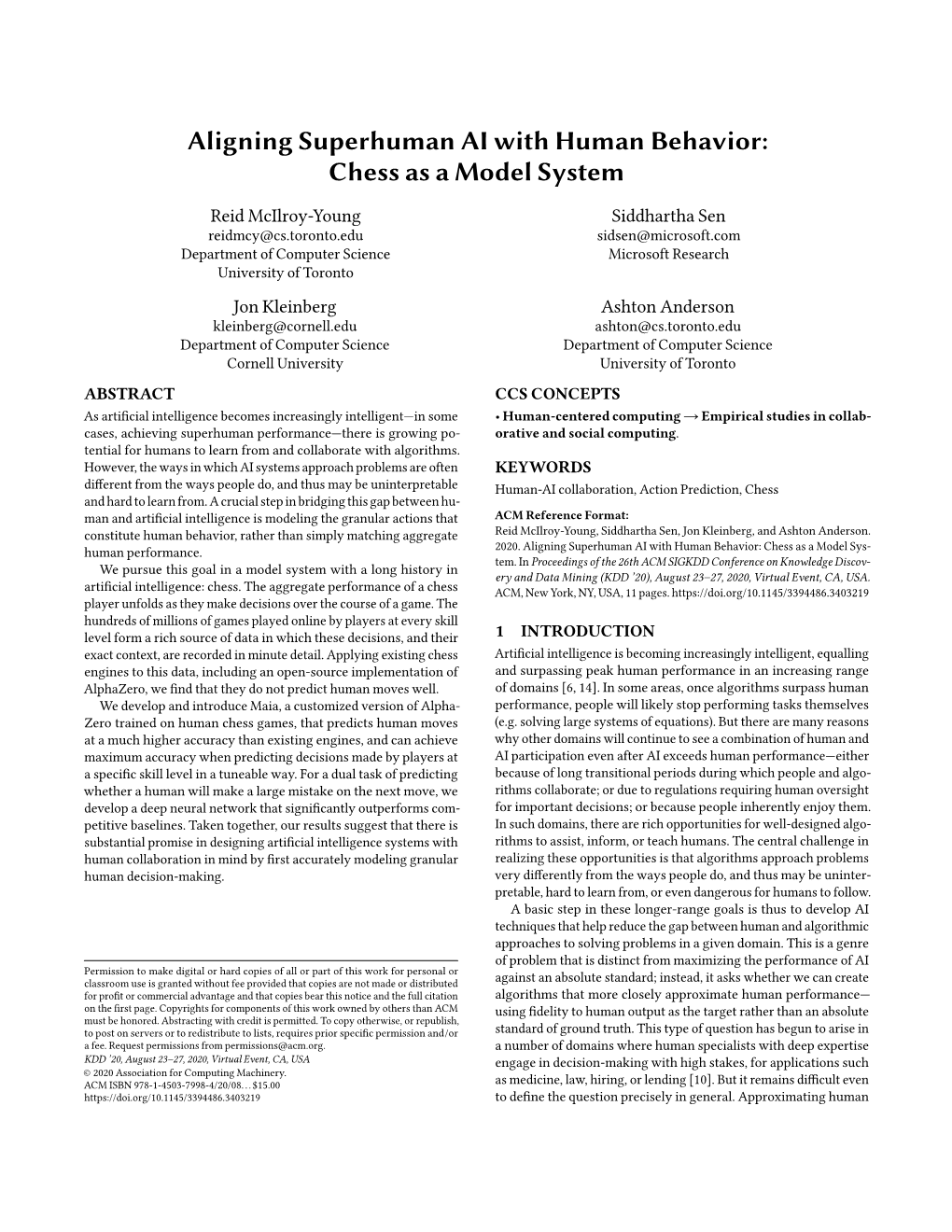 Aligning Superhuman AI with Human Behavior: Chess As a Model System