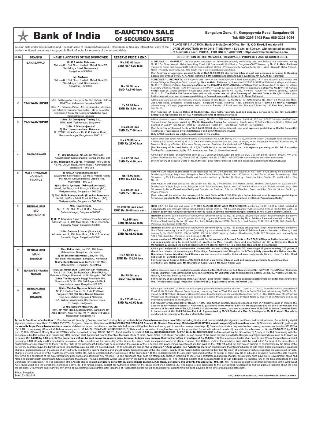 Bank of India of SECURED ASSETS Tel: 080-2295 9408 Fax: 080-2228 9054 PLACE of E-AUCTION: Bank of India Zonal Office, No