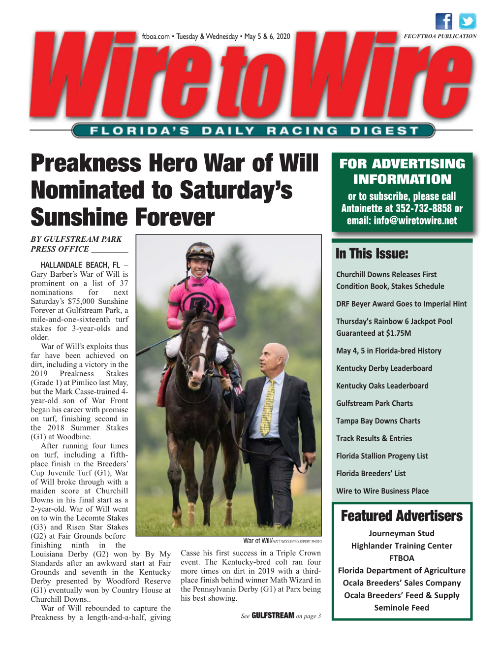 Preakness Hero War of Will Nominated to Saturday's Sunshine