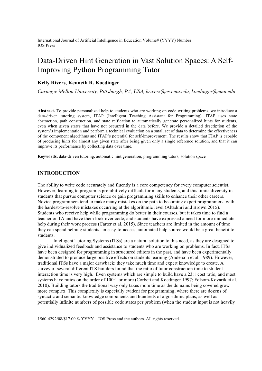 Data-Driven Hint Generation in Vast Solution Spaces: a Self- Improving Python Programming Tutor