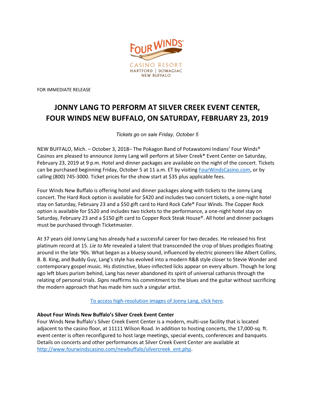 Jonny Lang to Perform at Silver Creek Event Center, Four Winds New Buffalo, on Saturday, February 23, 2019