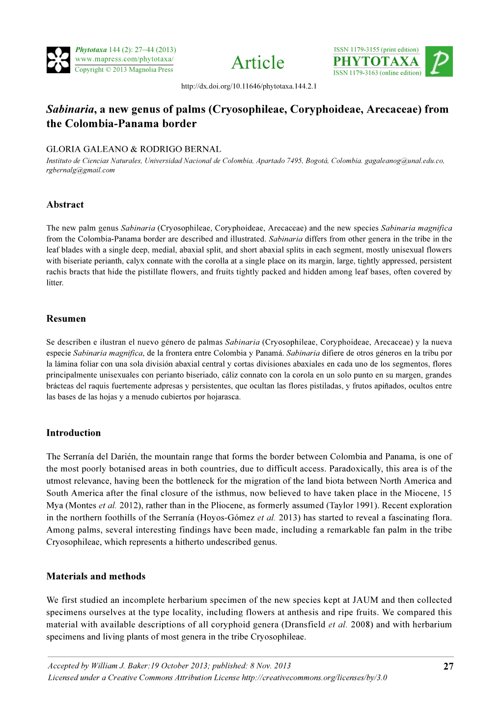 Cryosophileae, Coryphoideae, Arecaceae) from the Colombia-Panama Border