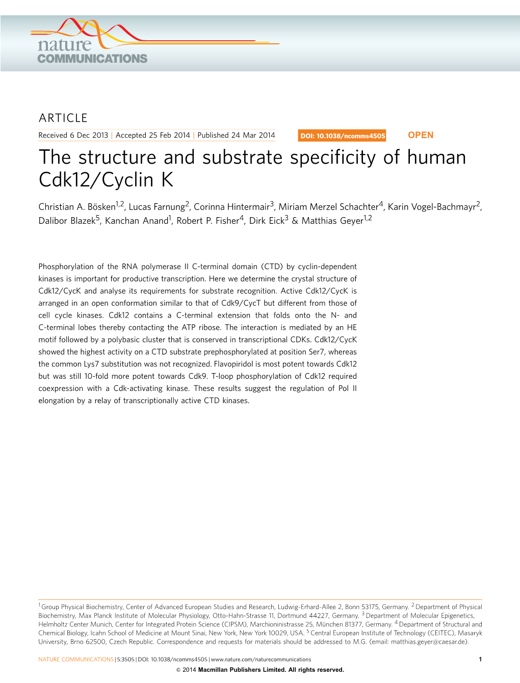 The Structure and Substrate Specificity of Human Cdk12/Cyclin K