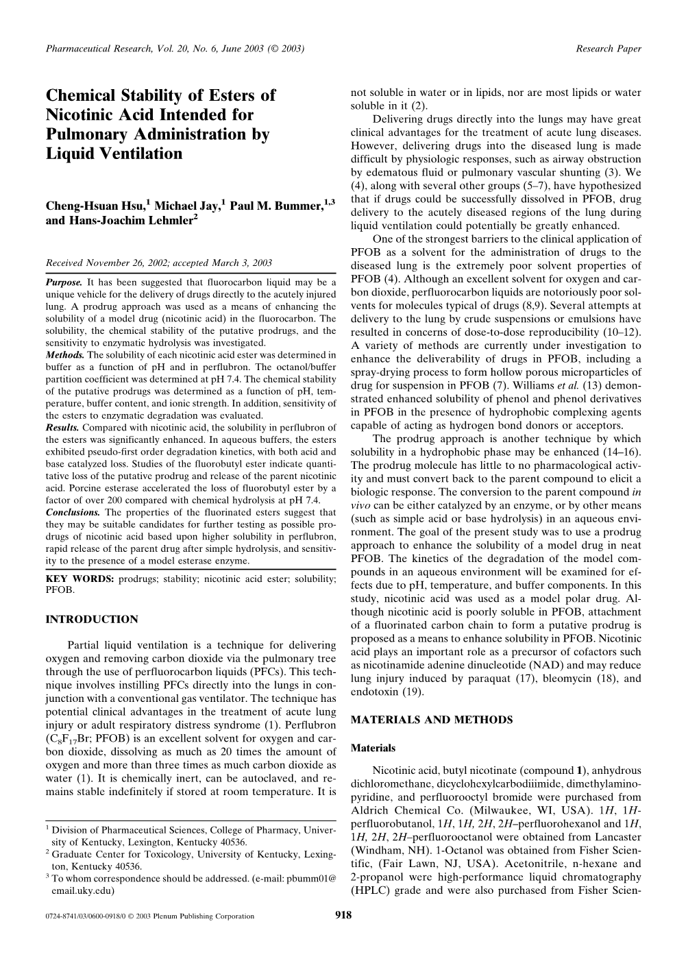 Chemical Stability of Esters of Nicotinic Acid Intended For