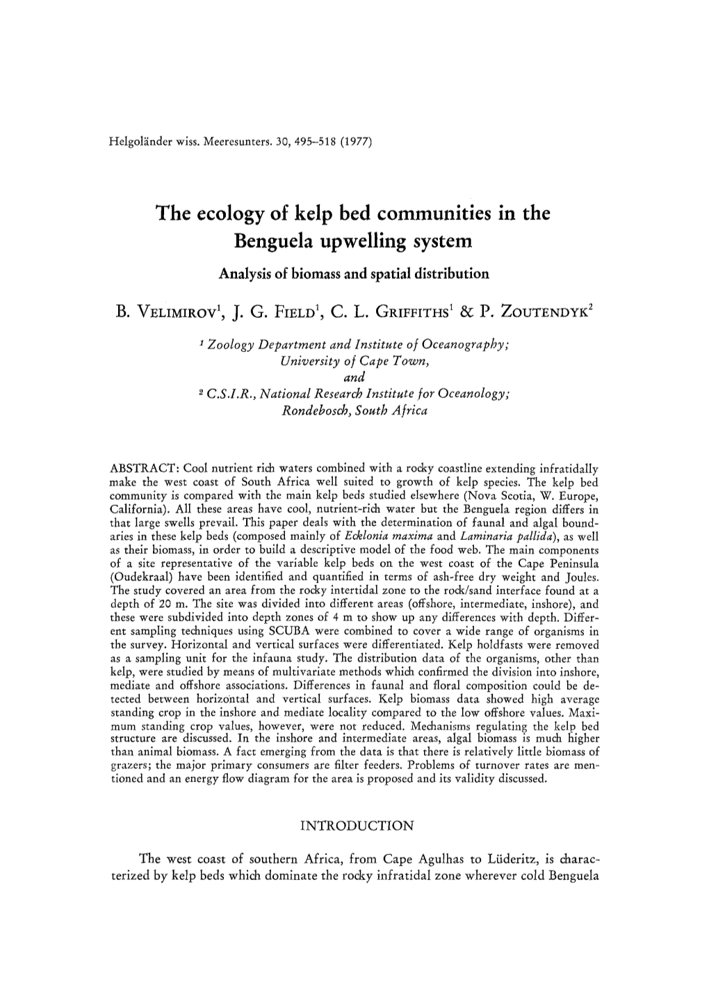 The Ecology of Kelp Bed Communities in the Benguela Upwelling System Analysis of Biomass and Spatial Distribution