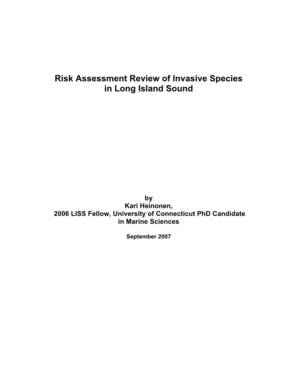 Risk Assessment Review of Invasive Species in Long Island Sound