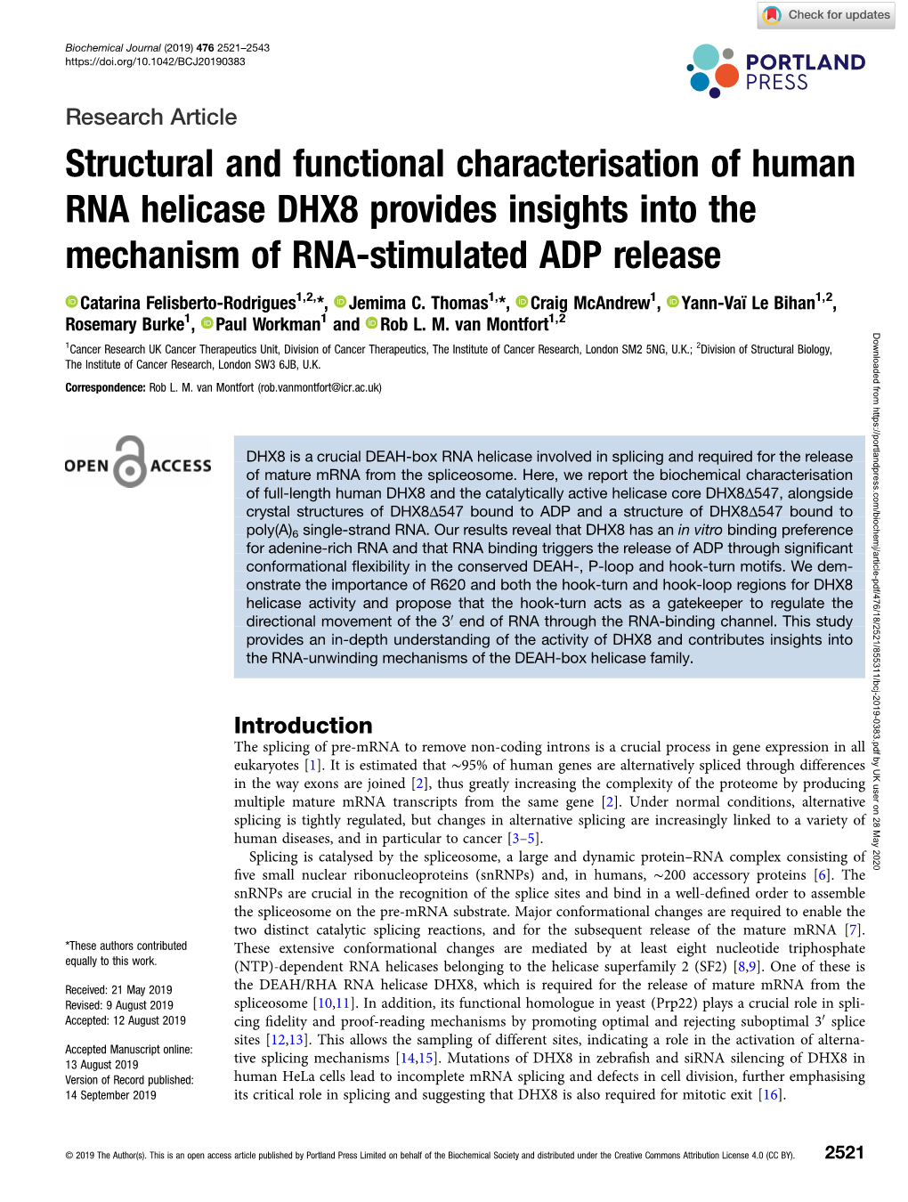 Structural and Functional Characterisation of Human RNA Helicase DHX8 Provides Insights Into the Mechanism of RNA-Stimulated ADP Release