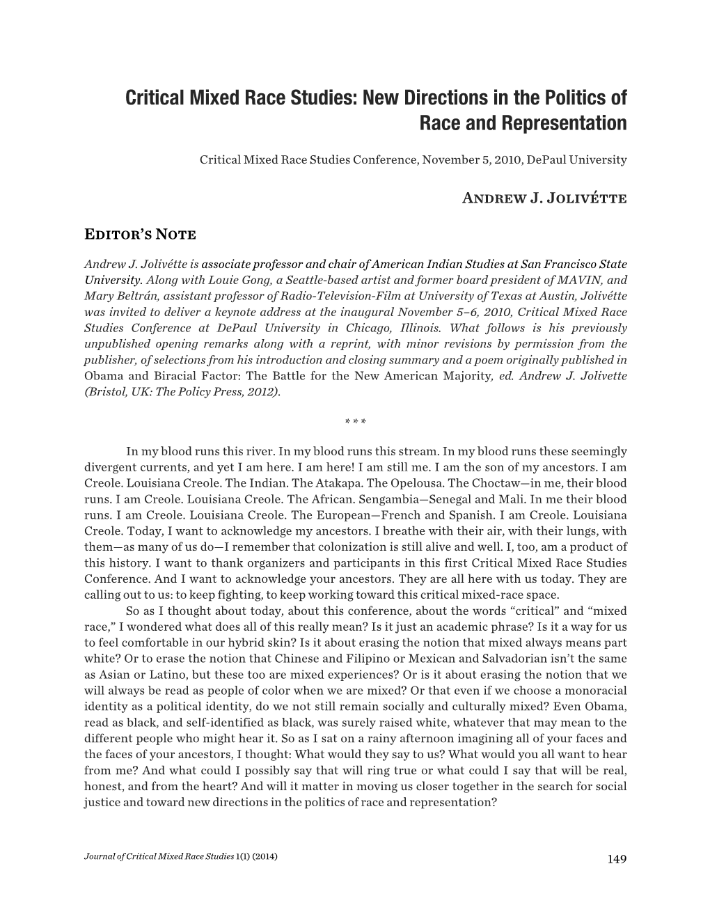 Critical Mixed Race Studies: New Directions in the Politics of Race and Representation