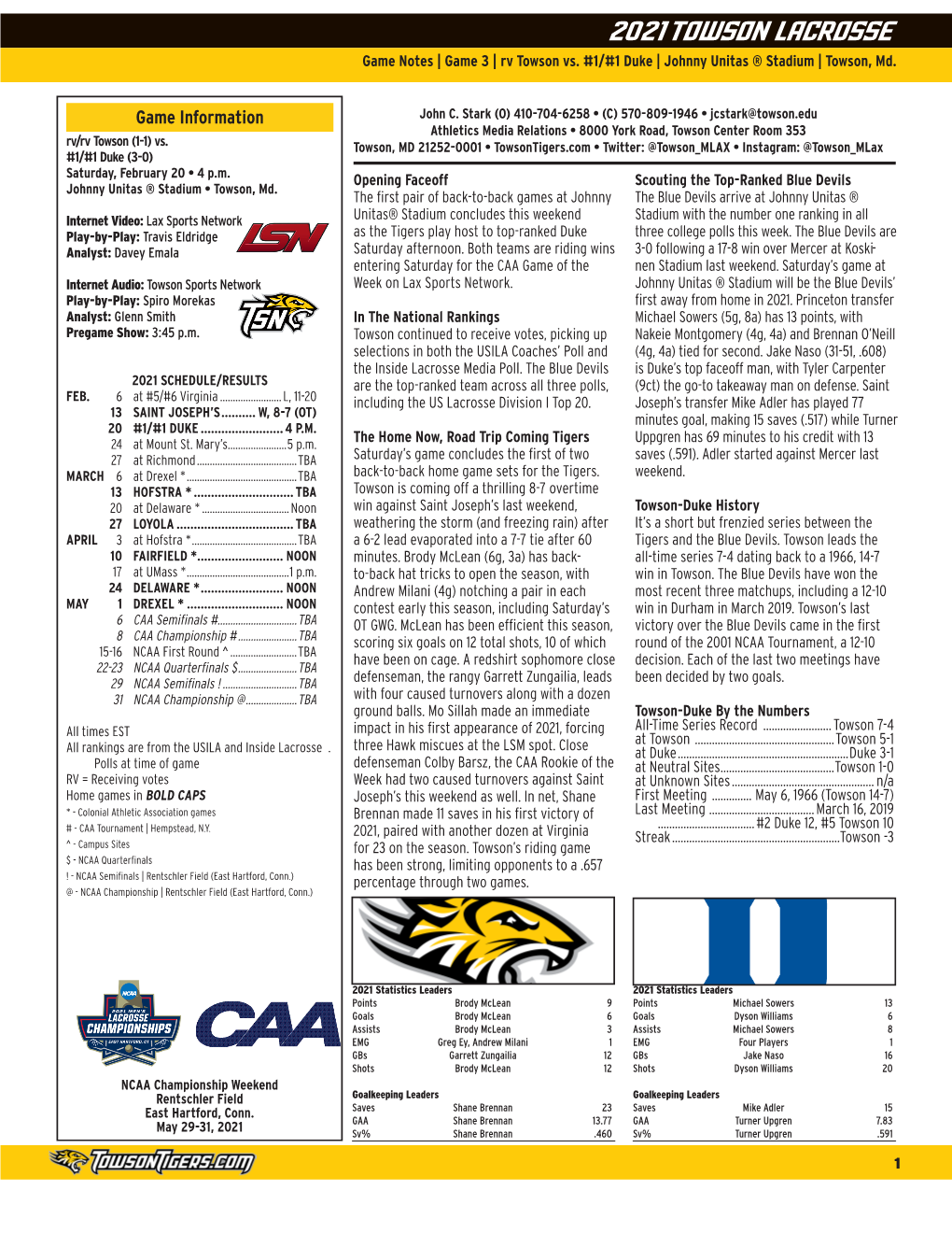 2021 TOWSON LACROSSE Game Notes | Game 3 | Rv Towson Vs