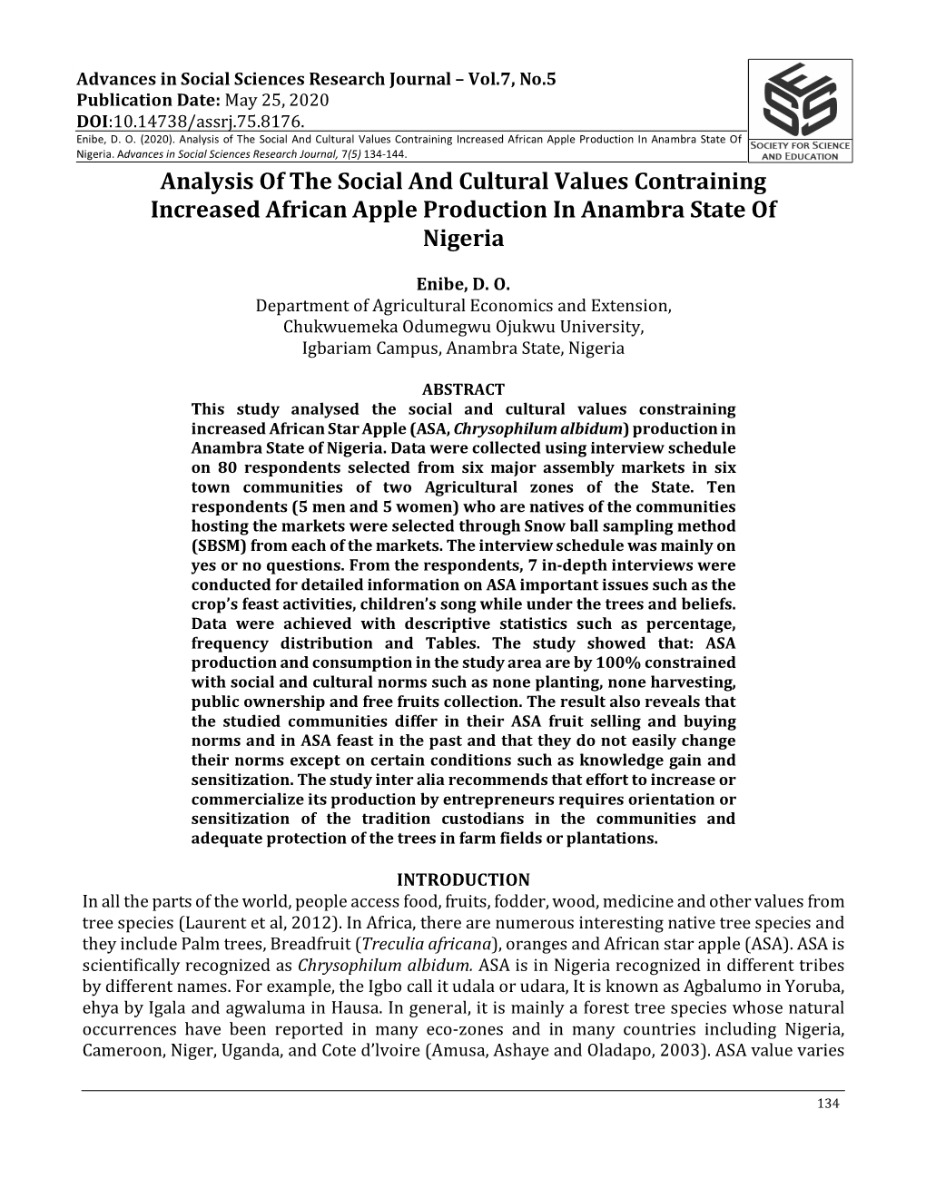 Analysis of the Social and Cultural Values Contraining Increased African Apple Production in Anambra State of Nigeri A