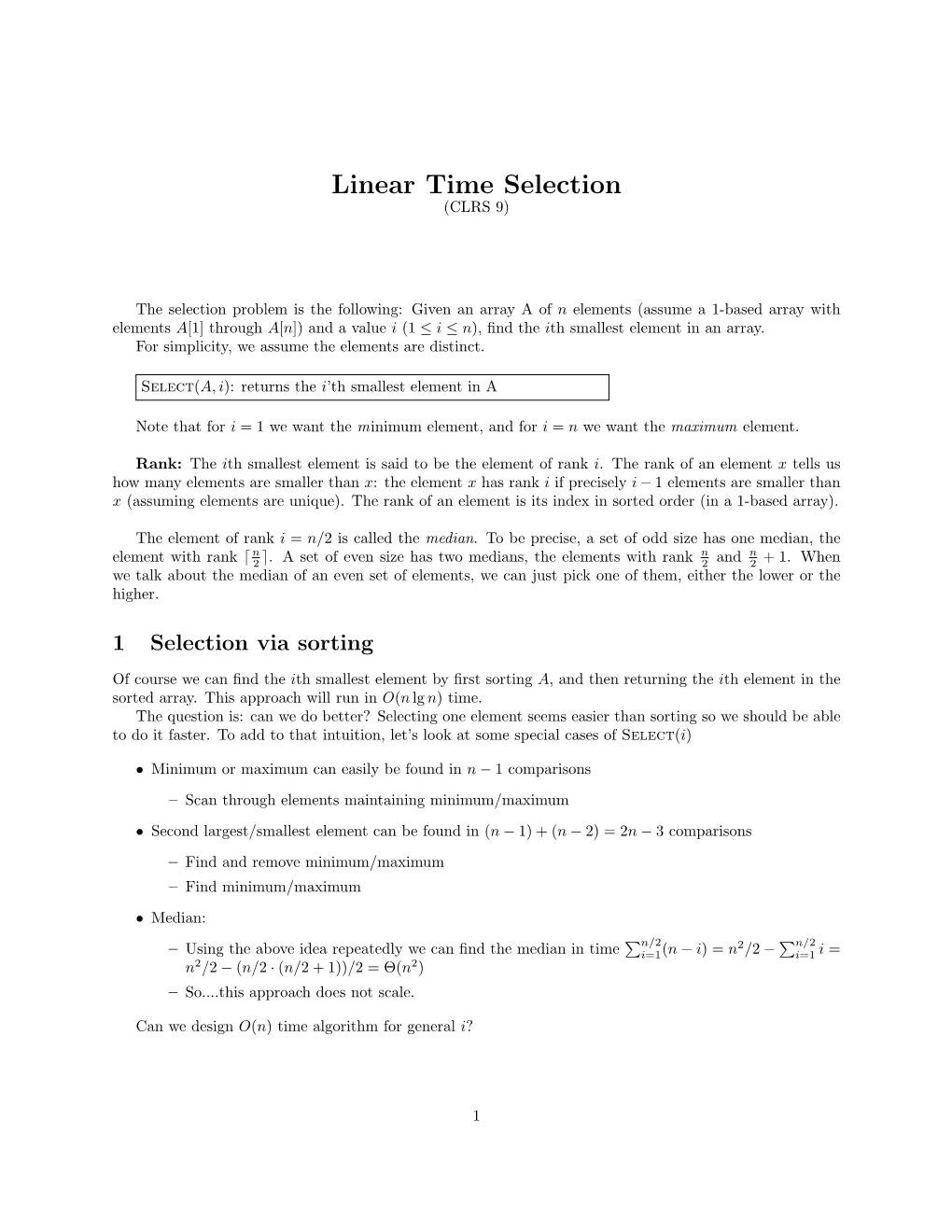 Linear Time Selection (CLRS 9)