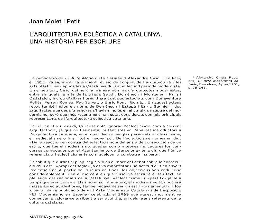 Joan Molet I Petit L'arquitectura ECL`ECTICA a CATALUNYA, UNA