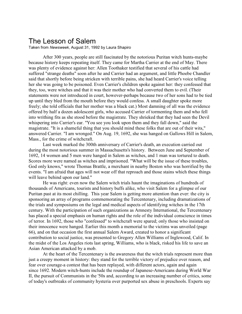 The Lesson of Salem Taken from Newsweek, August 31, 1992 by Laura Shapiro