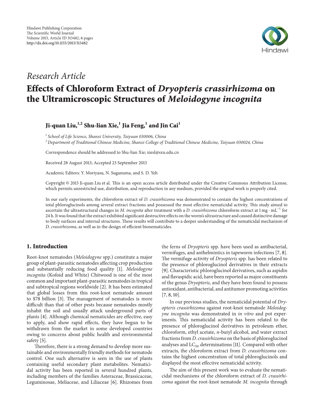 Effects of Chloroform Extract of Dryopteris Crassirhizoma on the Ultramicroscopic Structures of Meloidogyne Incognita