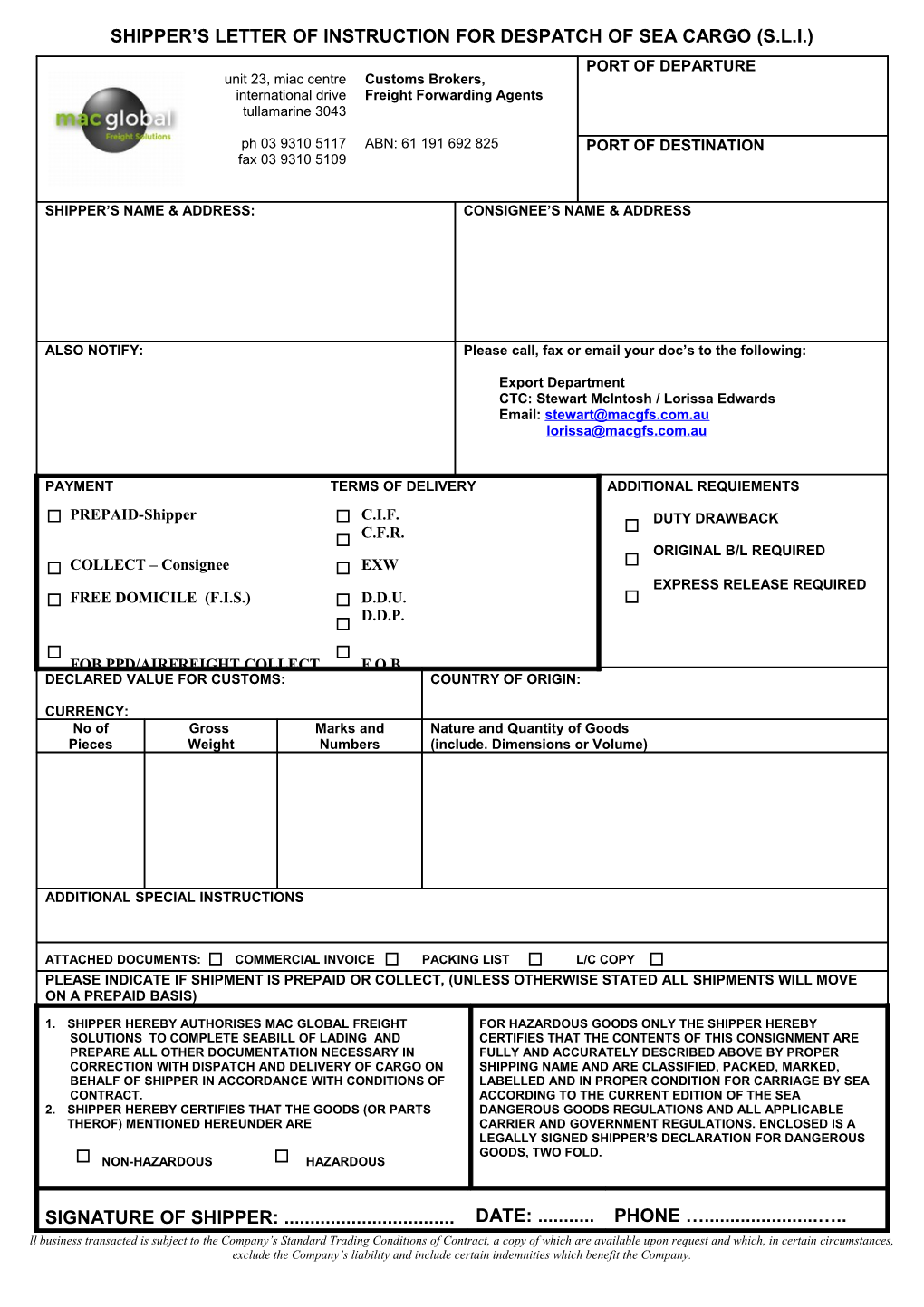 Shipper S Letter of Instruction for Despatch of Air Cargo (S.L.I.)