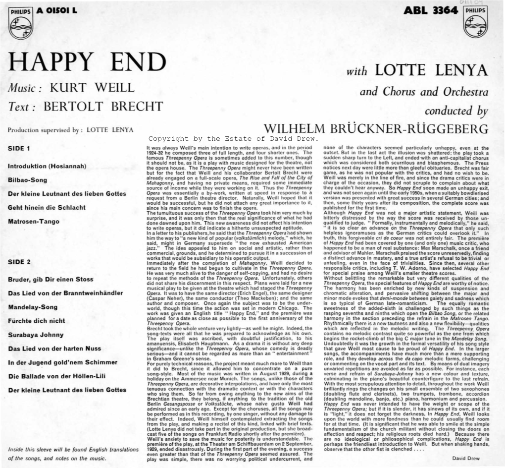 HAPPY END with LOTTE LENY a Music · KURT WEILL and Chorus and Orchestra Text· BERTOLT BRECHT Conducted By