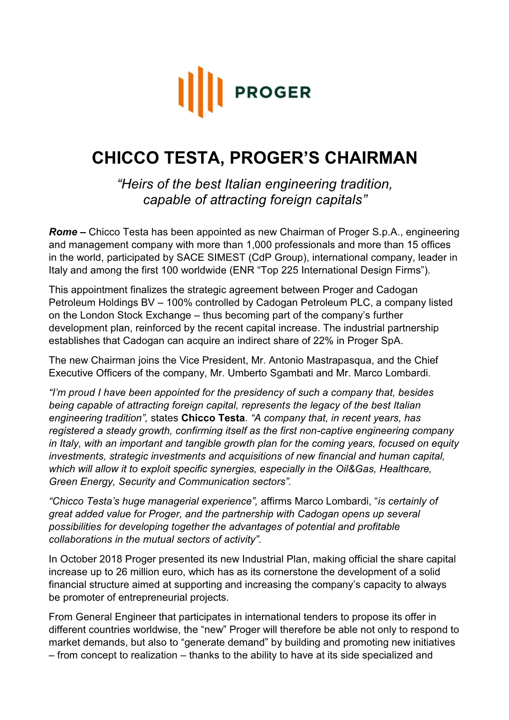 Chicco Testa, Proger's Chairman