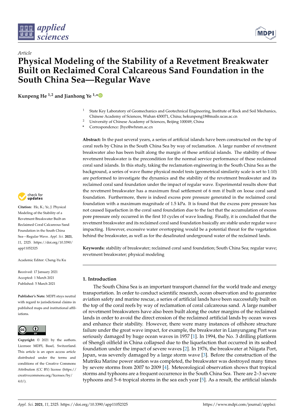 Physical Modeling of the Stability of a Revetment Breakwater Built on Reclaimed Coral Calcareous Sand Foundation in the South China Sea—Regular Wave