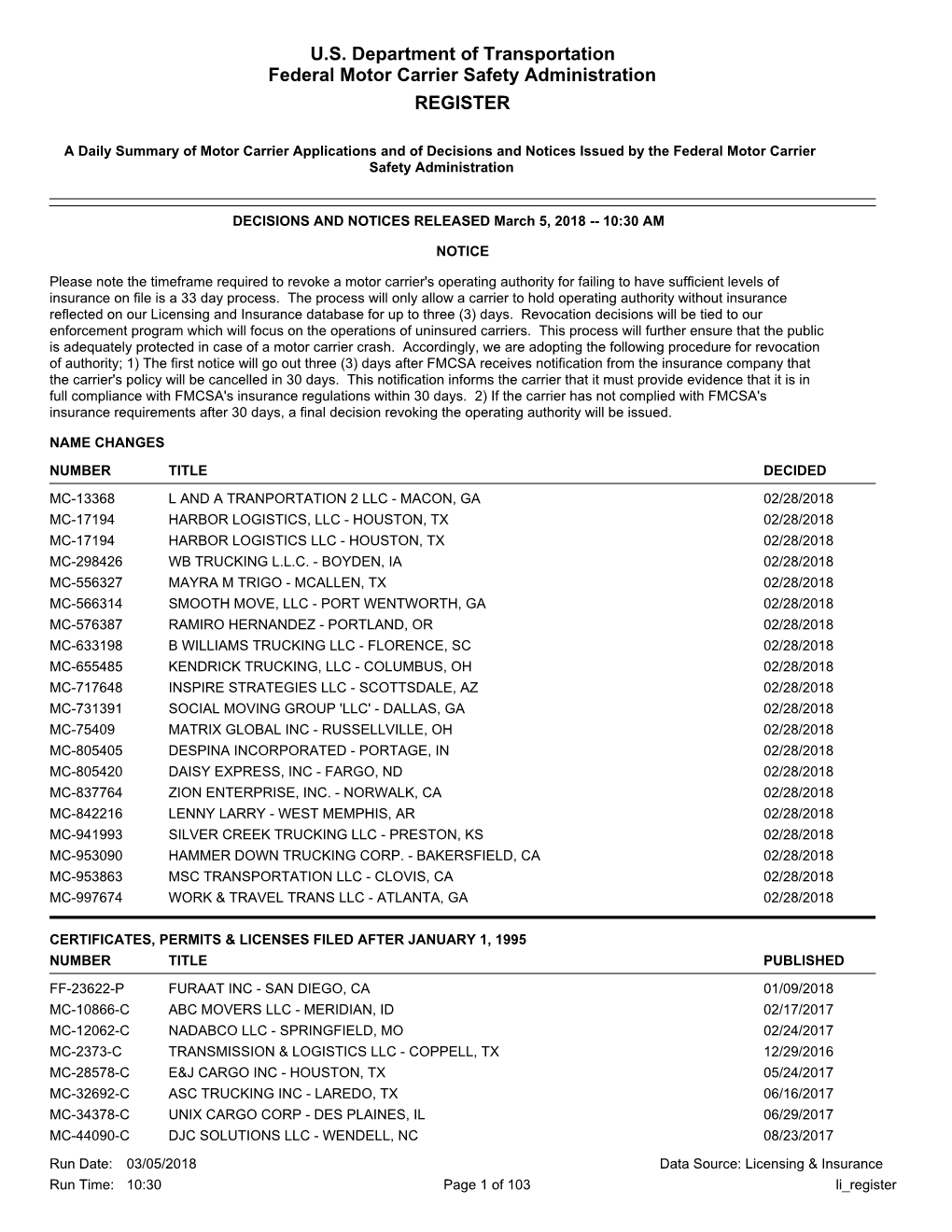 U.S. Department of Transportation Federal Motor Carrier Safety Administration REGISTER