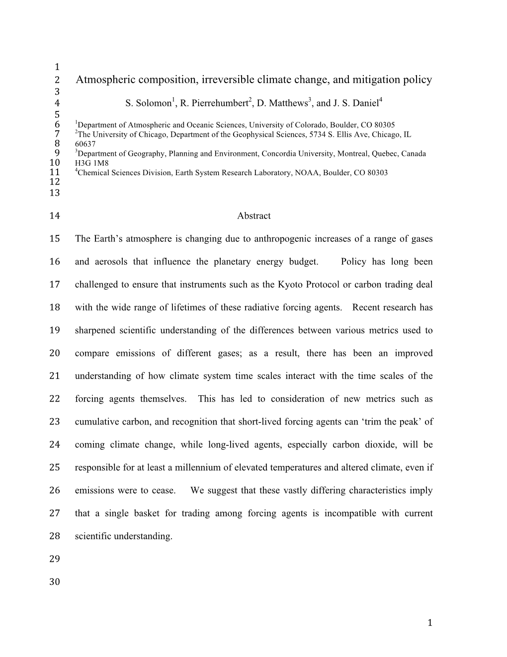 Atmospheric Composition, Irreversible Climate Change, and Mitigation Policy 3 4 S