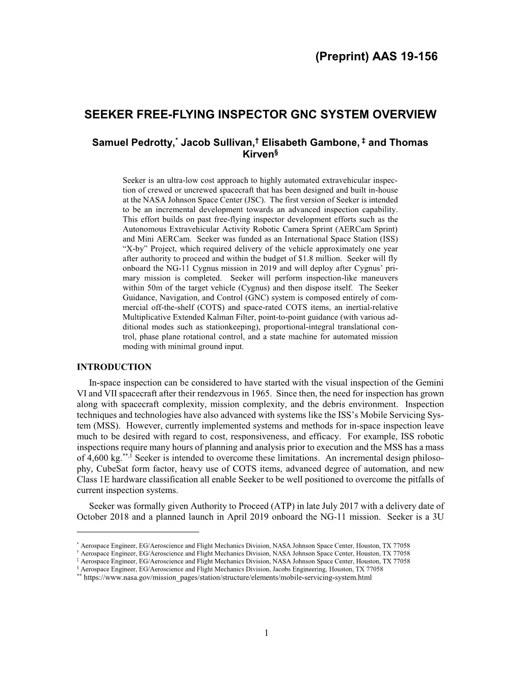 Seeker Free-Flying Inspector Gnc System Overview