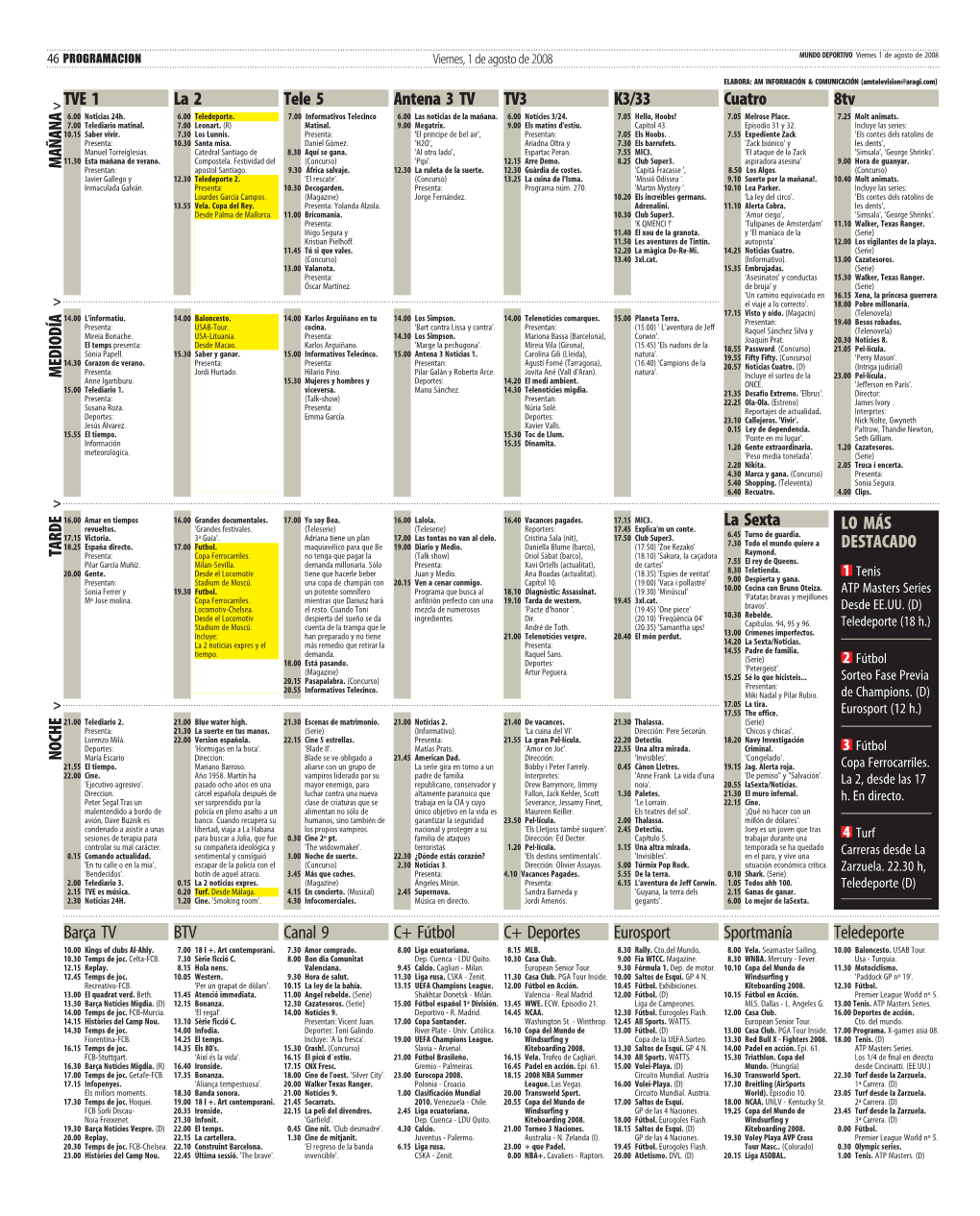 8Tv K3/33 Antena 3 TV Cuatro La Sexta Tele 5 TV3 LO MÁS DESTACADO TVE 1 MAÑANA MEDIODÍA NOCHE TARDE BTV Sportmanía Canal