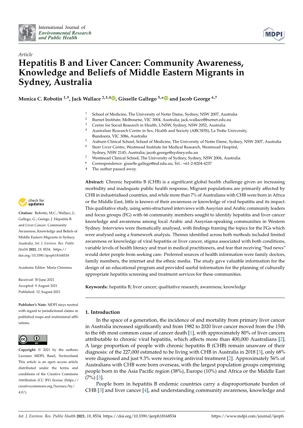 Hepatitis B and Liver Cancer: Community Awareness, Knowledge and Beliefs of Middle Eastern Migrants in Sydney, Australia