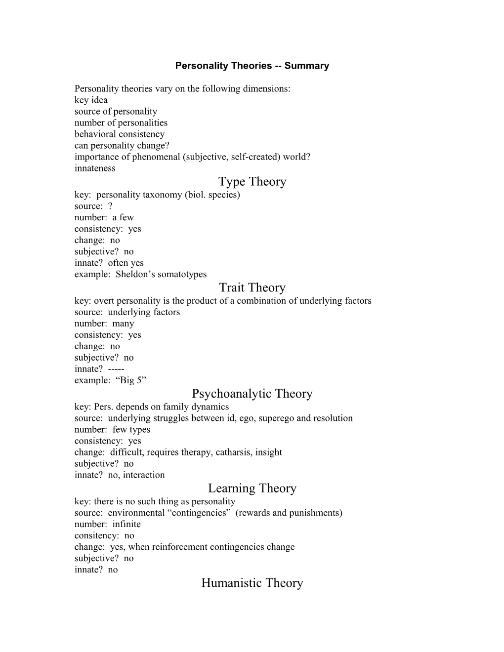 Personality Theories Summary