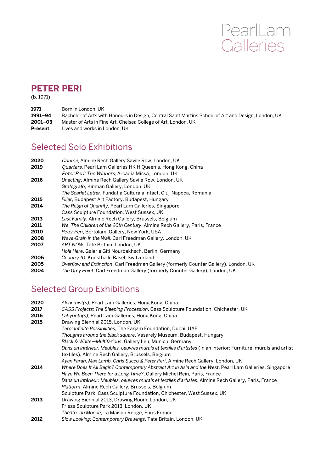 PETER PERI Selected Solo Exhibitions Selected Group