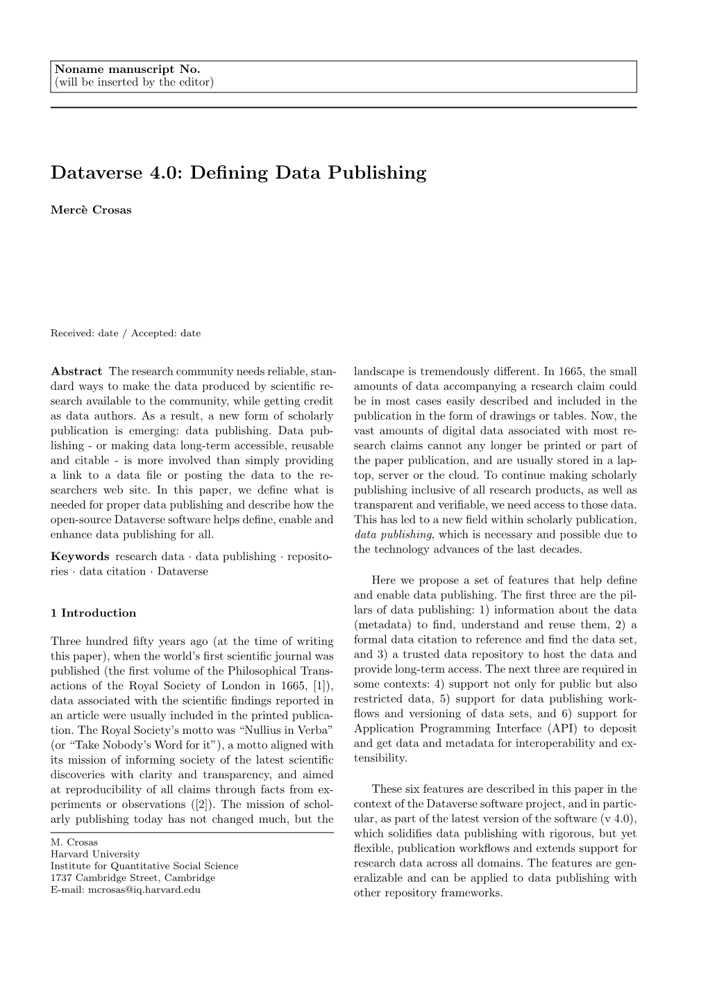 Dataverse 4.0: Defining Data Publishing