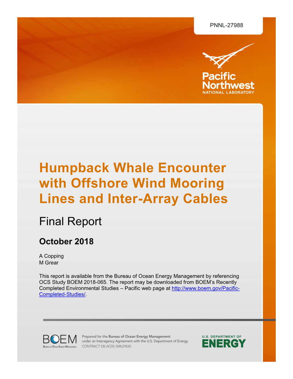 Humpback Whale Encounter with Offshore Wind Mooring Lines and Inter-Array Cables Final Report