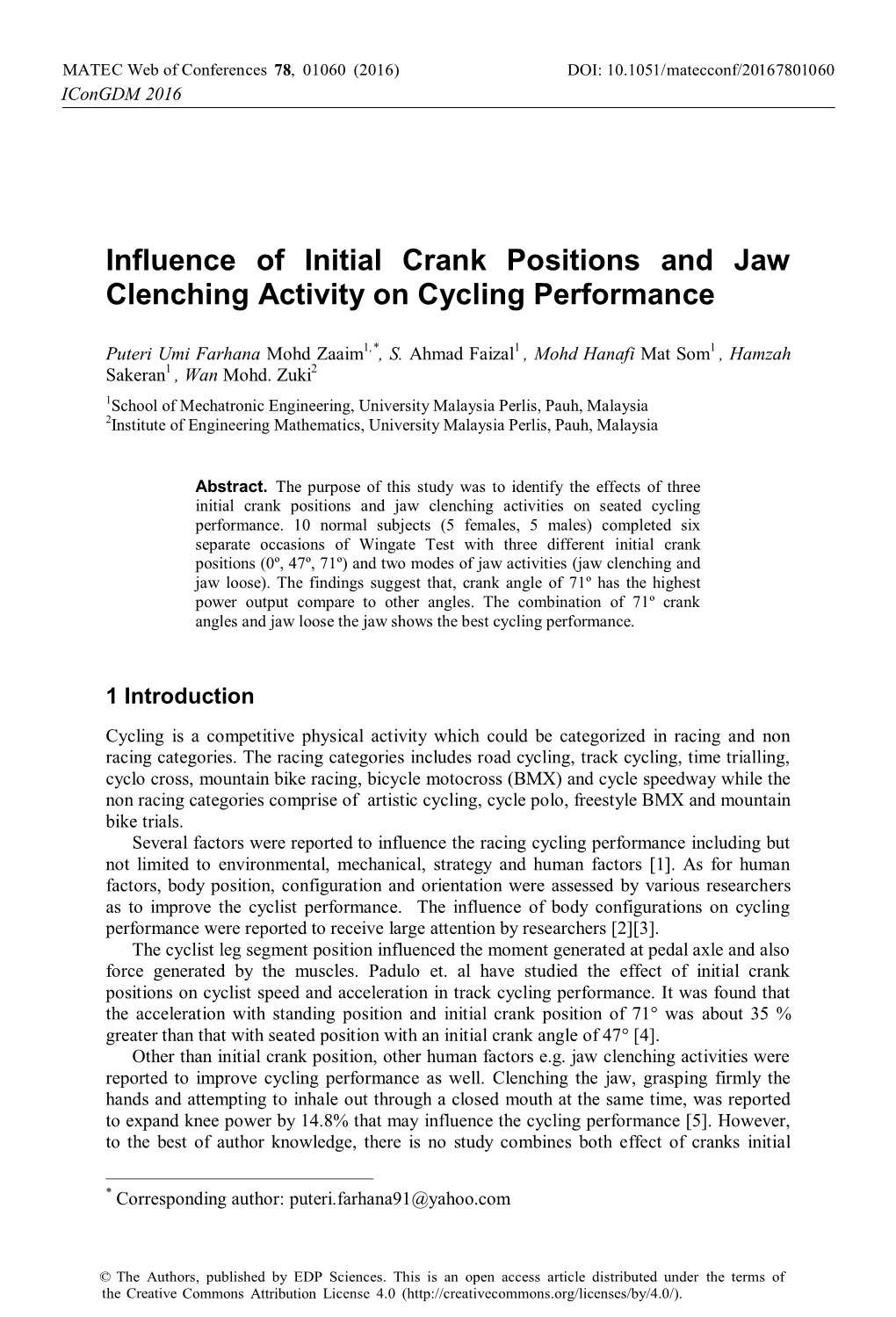 Influence of Initial Crank Positions and Jaw Clenching Activity on Cycling Performance