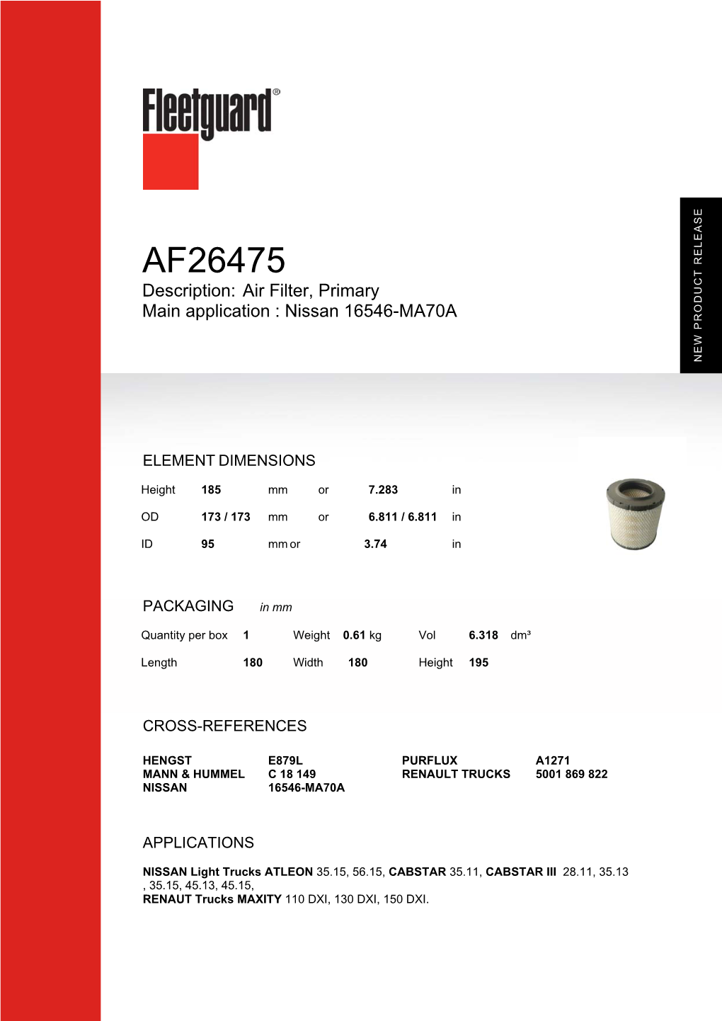 AF26475 Description: Air Filter, Primary