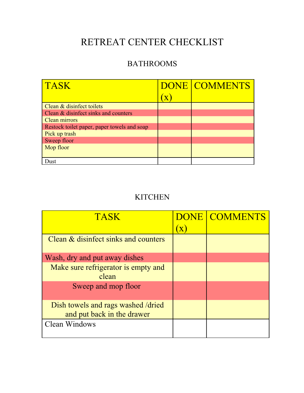 Retreat Center Checklist