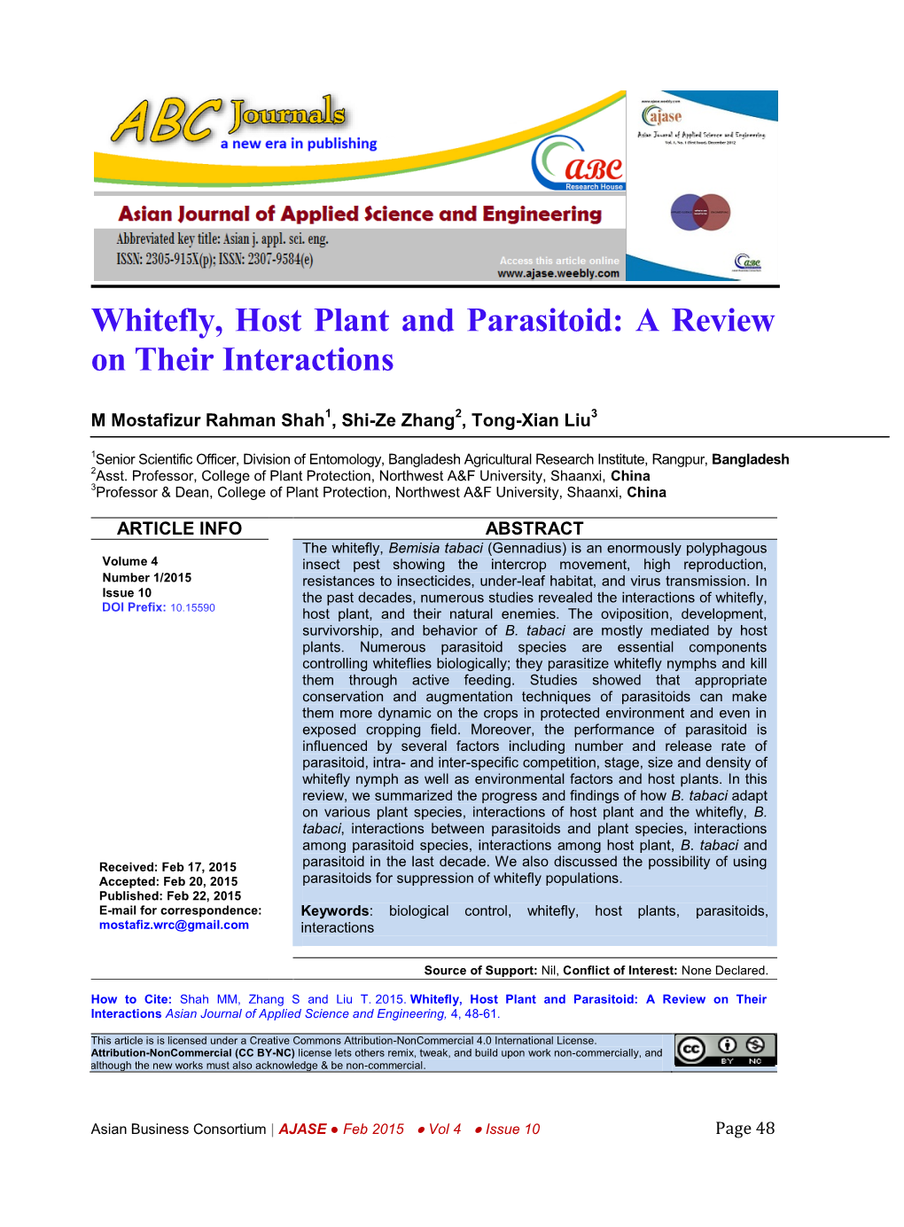 Whitefly, Host Plant and Parasitoid: a Review on Their Interactions