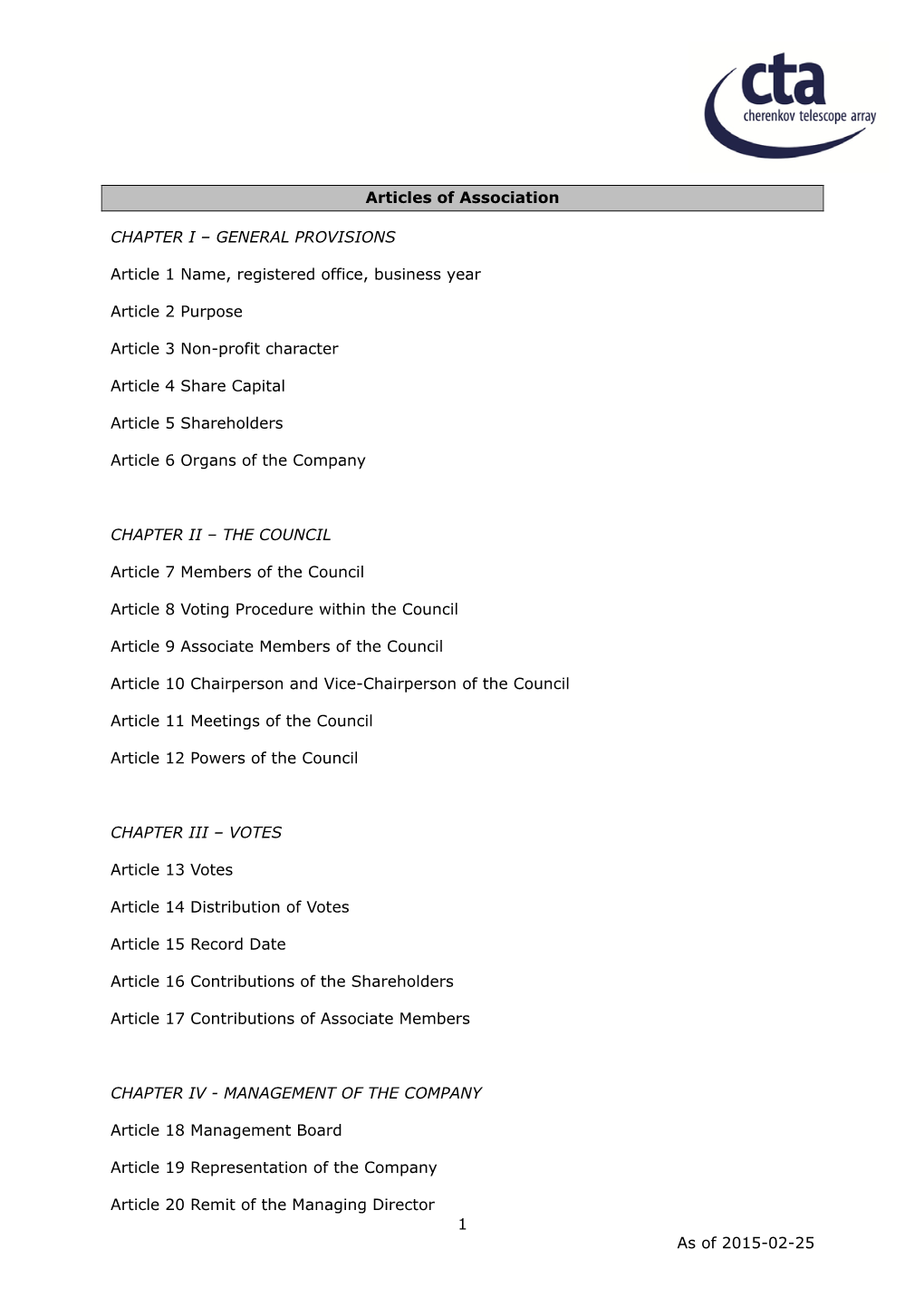 Articles of Association CHAPTER I