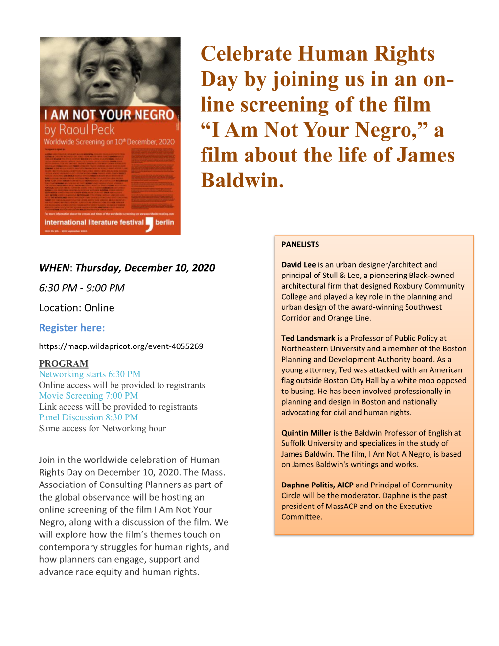 Celebrate Human Rights Day by Joining Us in an On- Line Screening of the Film “I Am Not Your Negro,” a Film About the Life of James Baldwin