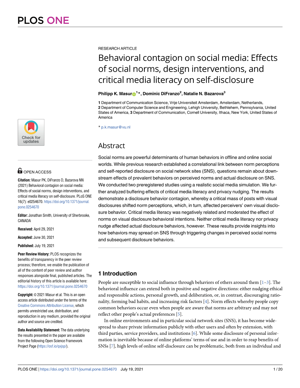 Behavioral Contagion on Social Media: Effects of Social Norms, Design Interventions, and Critical Media Literacy on Self-Disclosure