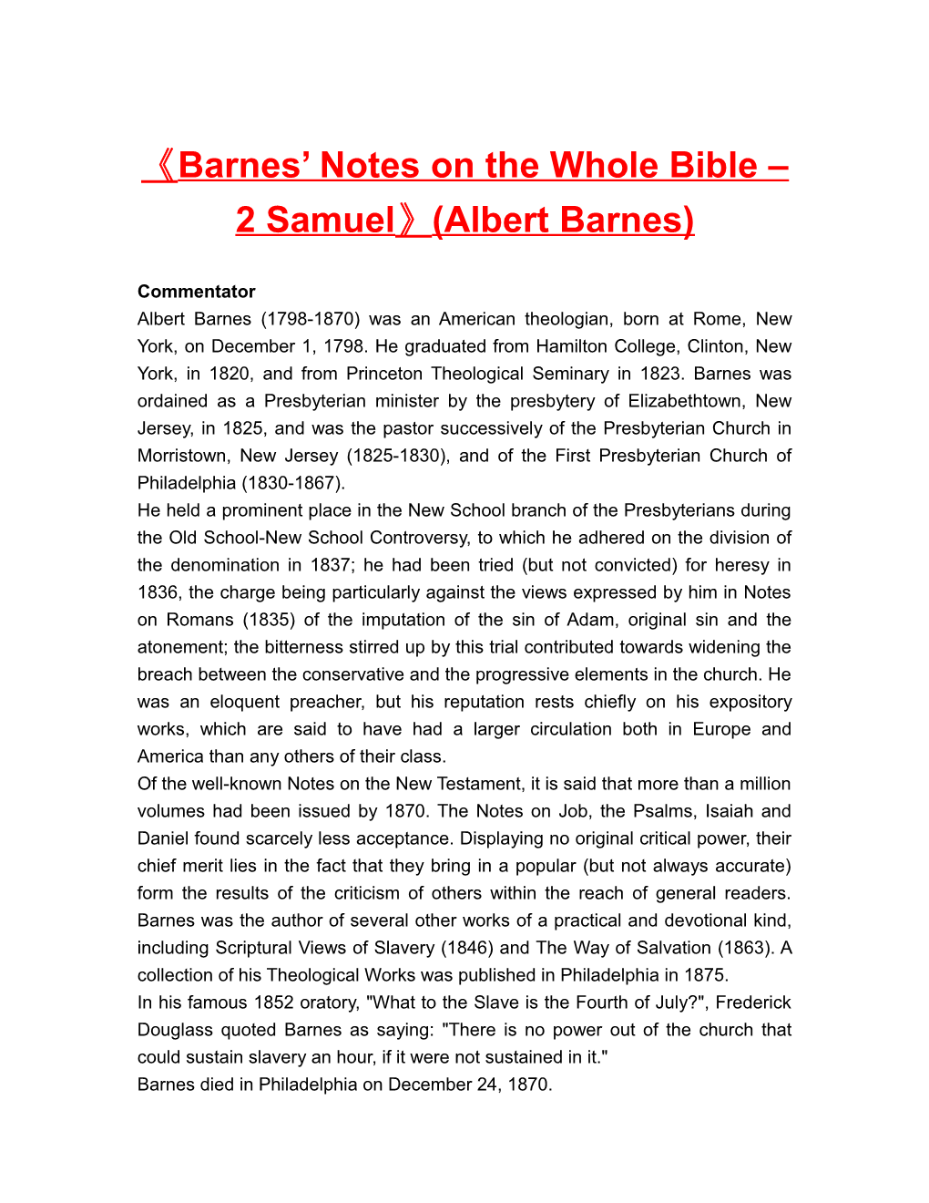 Barnes Notes on the Whole Bible 2 Samuel (Albert Barnes)