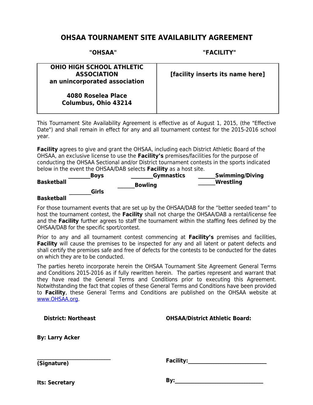 Ohsaa Tournament Site Availability Agreement