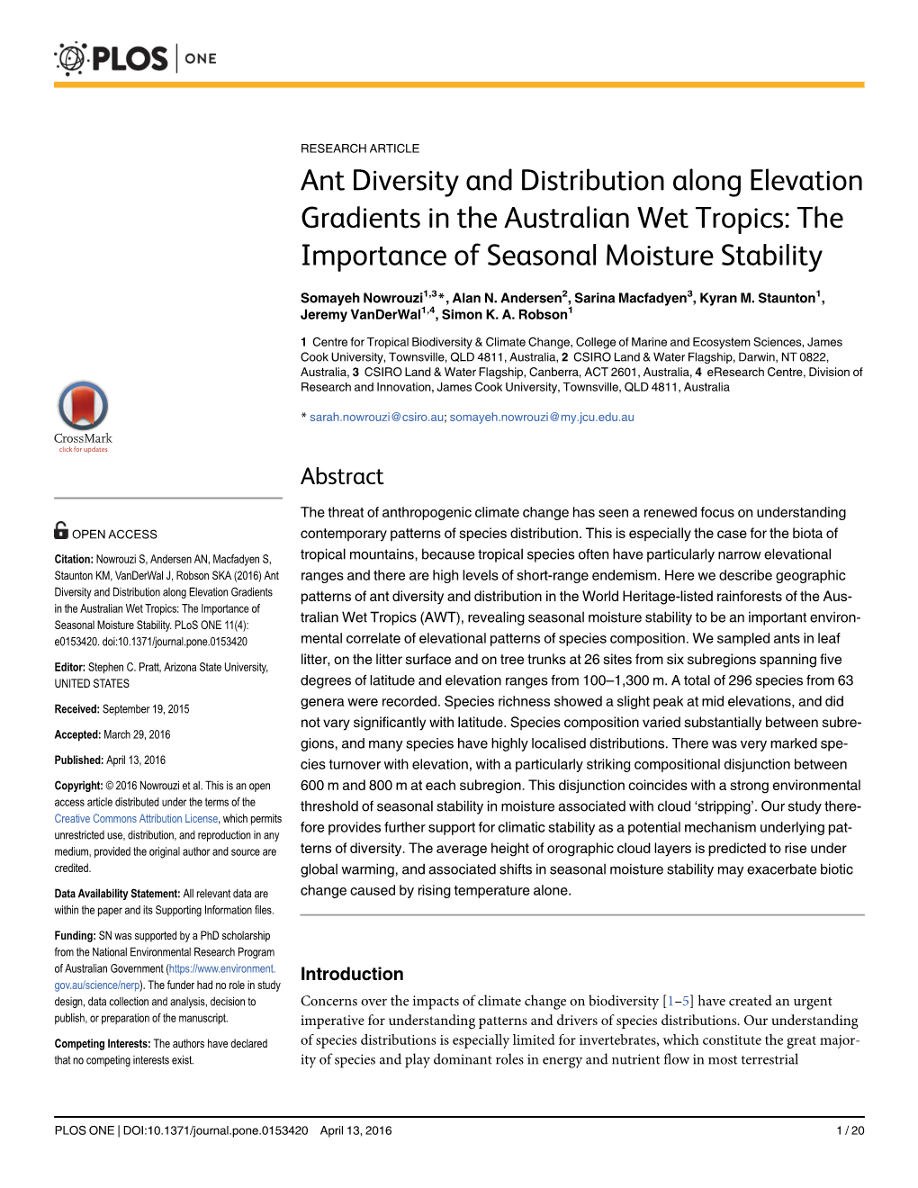 Ant Diversity and Distribution Along Elevation Gradients in the Australian Wet Tropics: the Importance of Seasonal Moisture Stability