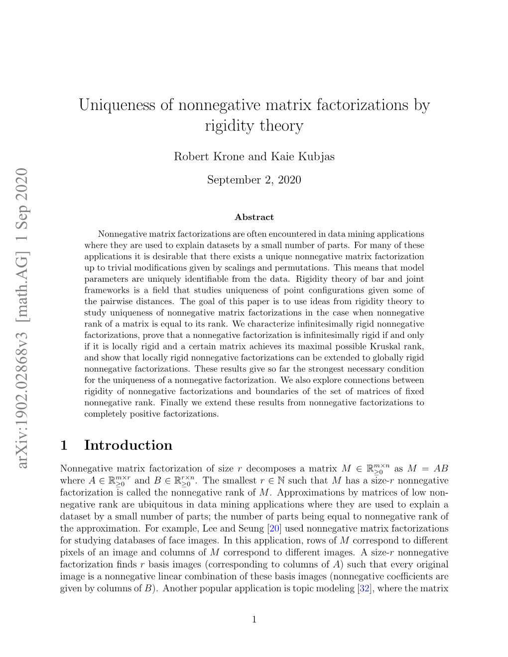 Uniqueness of Nonnegative Matrix Factorizations by Rigidity Theory Arxiv
