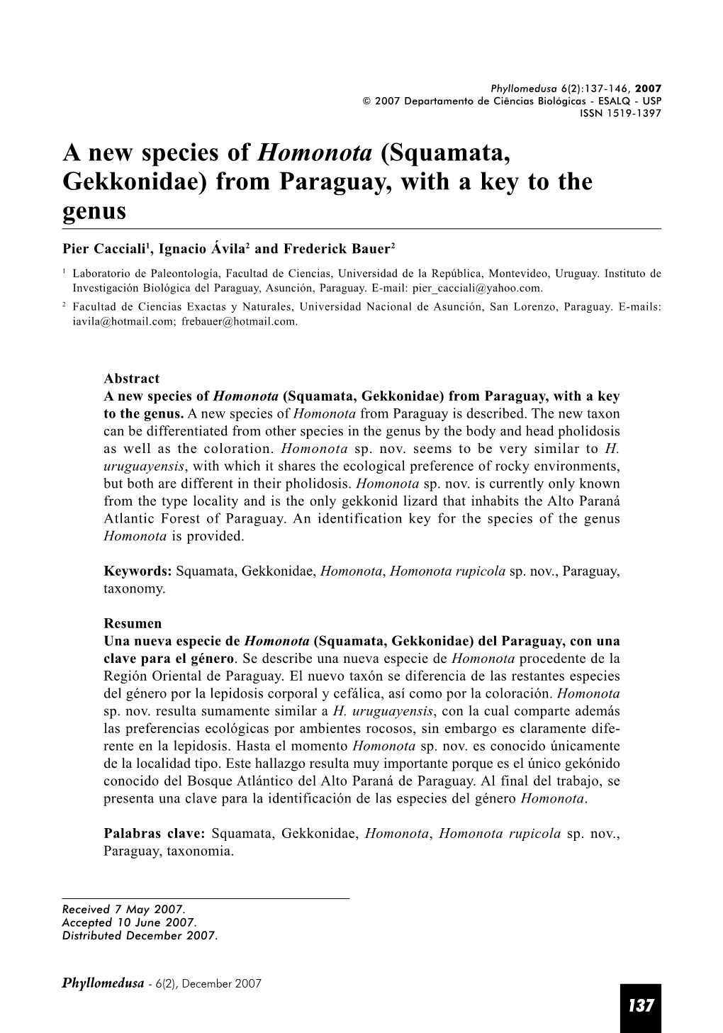 A New Species of Homonota (Squamata, Gekkonidae) from Paraguay, with a Key to the Genus