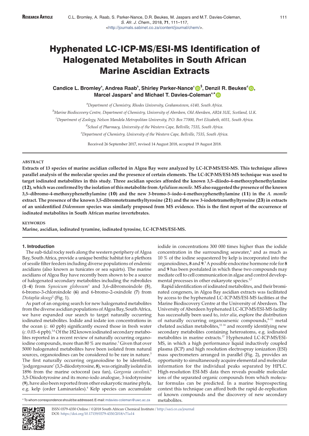 Hyphenated LC-ICP-MS/ESI-MS Identification of Halogenated Metabolites in South African Marine Ascidian Extracts