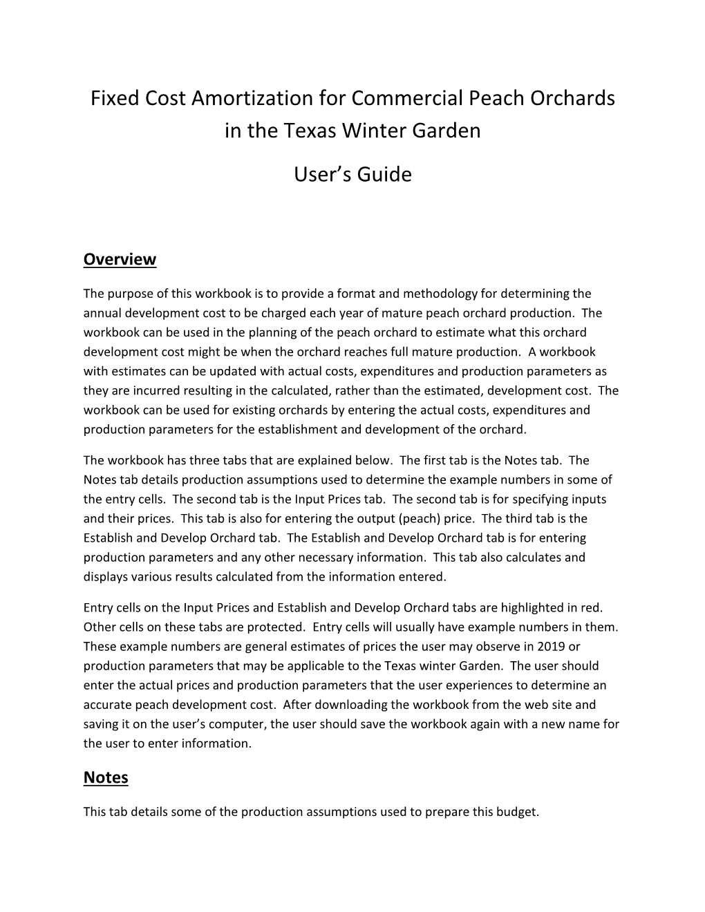 Fixed Cost Amortization for Commercial Peach Orchards in the Texas Winter Garden User’S Guide