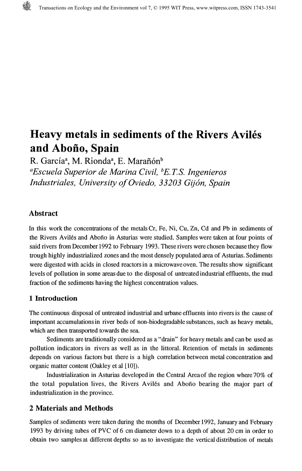Heavy Metals in Sediments of the Rivers Aviles And