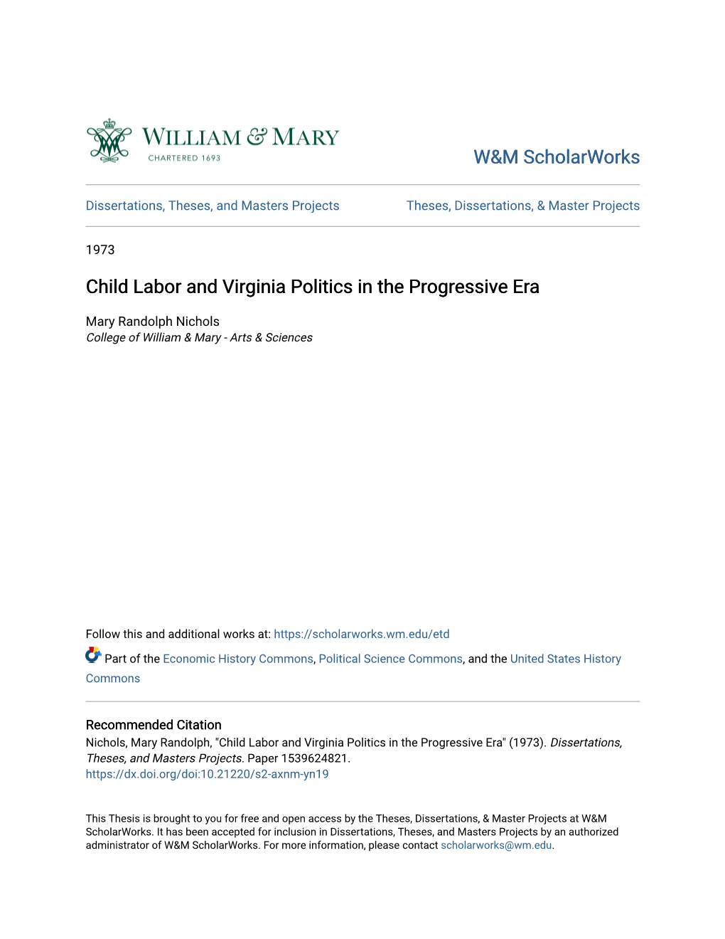 Child Labor and Virginia Politics in the Progressive Era