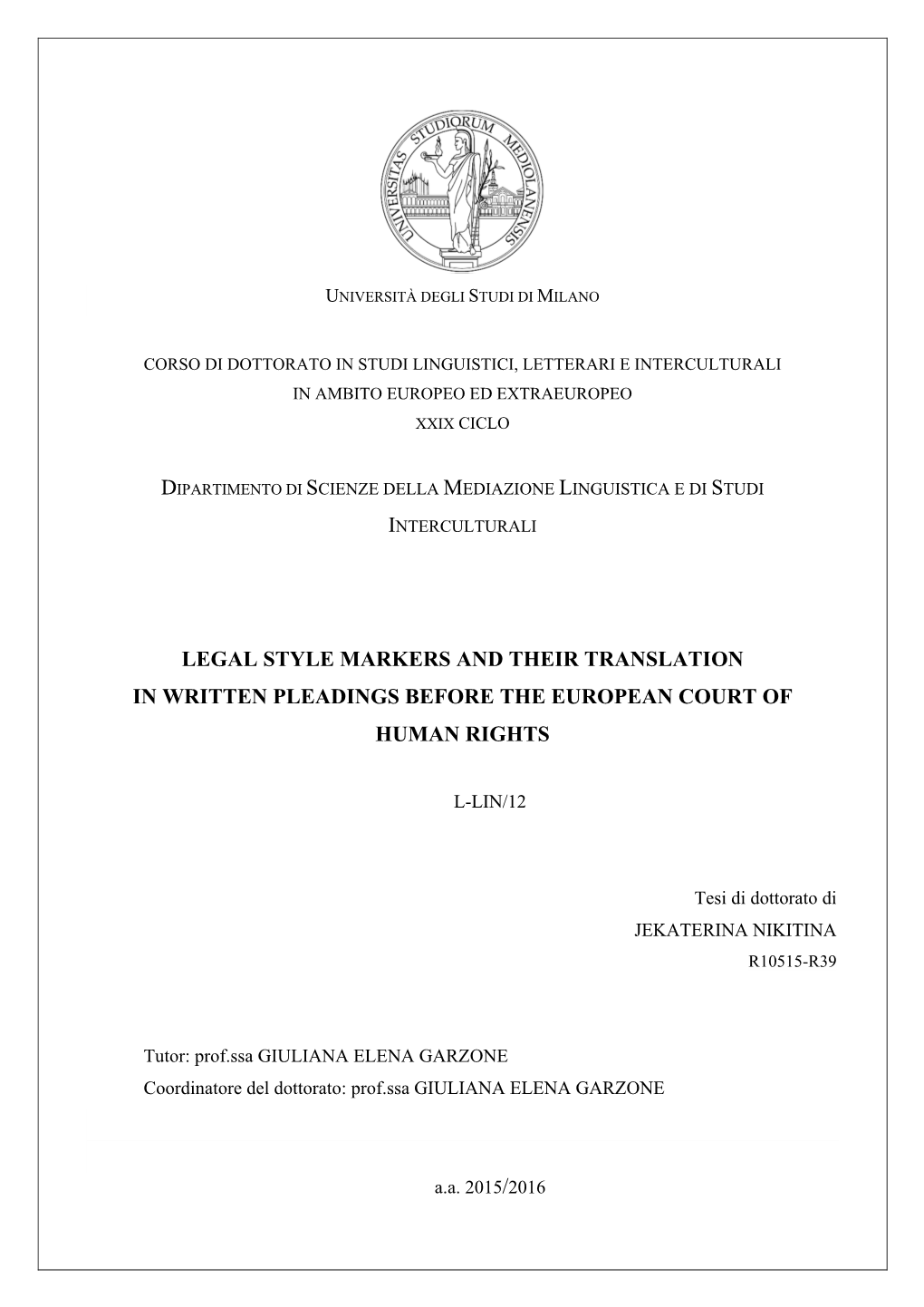 Legal Style Markers and Their Translation in Written Pleadings Before the European Court of Human Rights