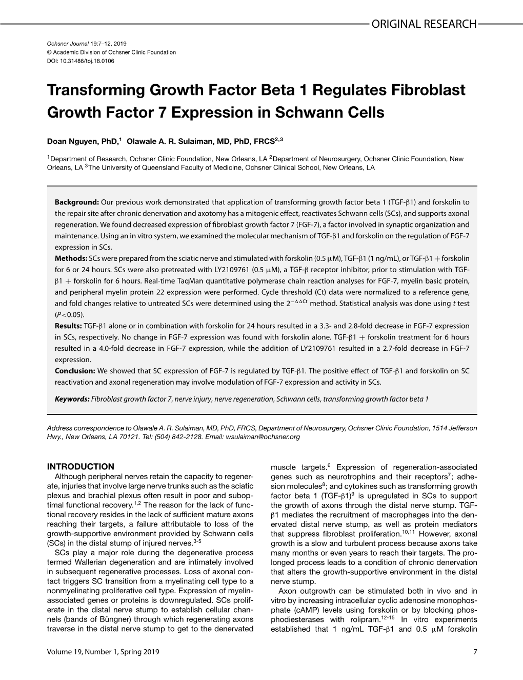 Transforming Growth Factor Beta 1 Regulates Fibroblast Growth Factor 7 Expression in Schwann Cells