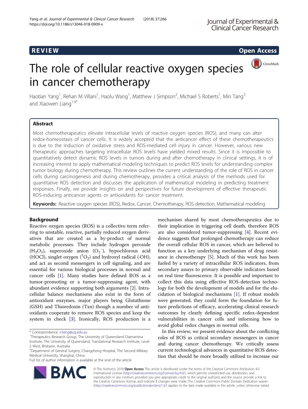 The Role of Cellular Reactive Oxygen Species in Cancer Chemotherapy